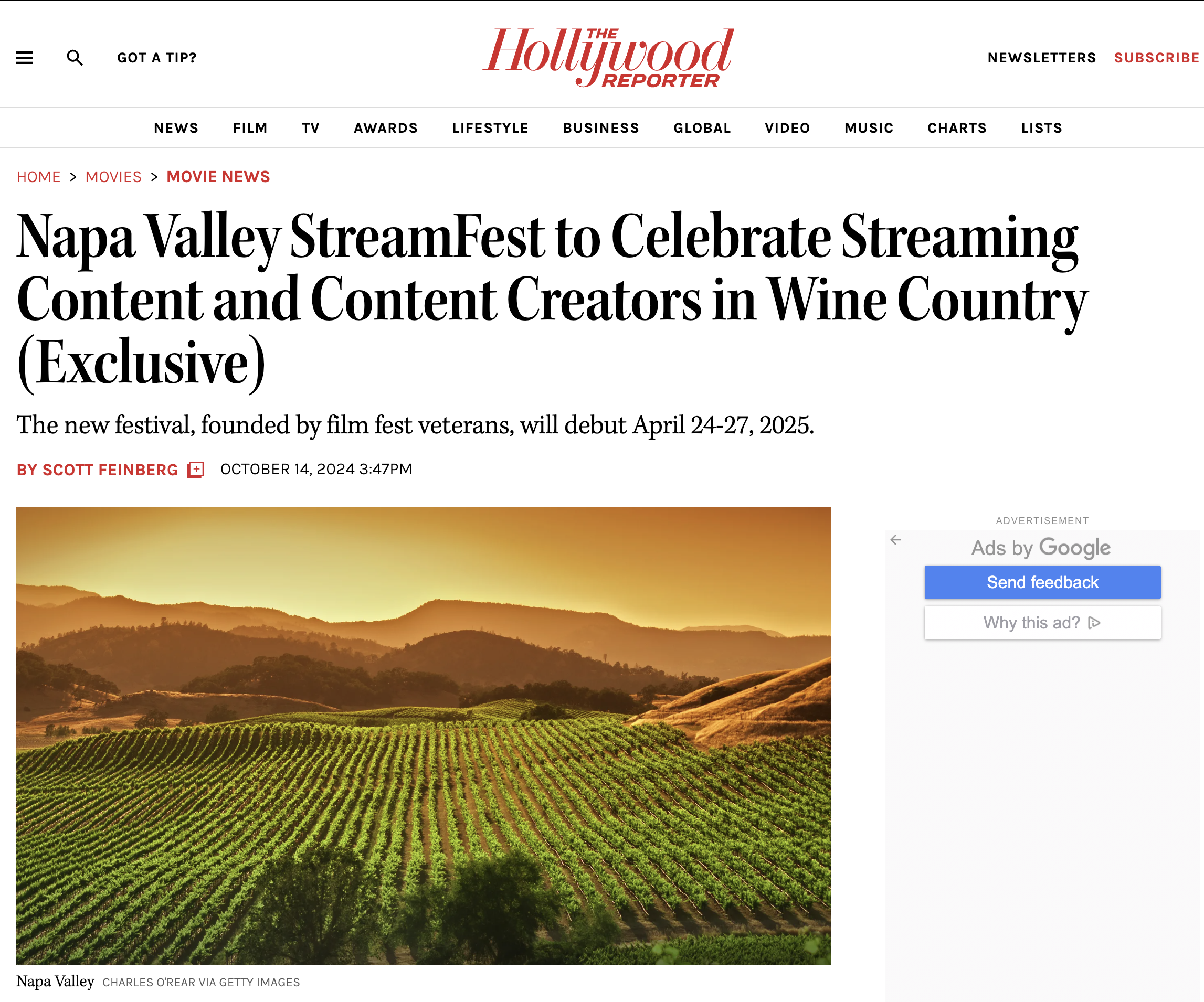 THR: StreamFest to Celebrate Streaming Content in Wine Country